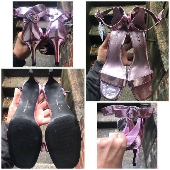 ZARA Pink Metallic Kitten Heel Sandals - Picture 2 of 3
